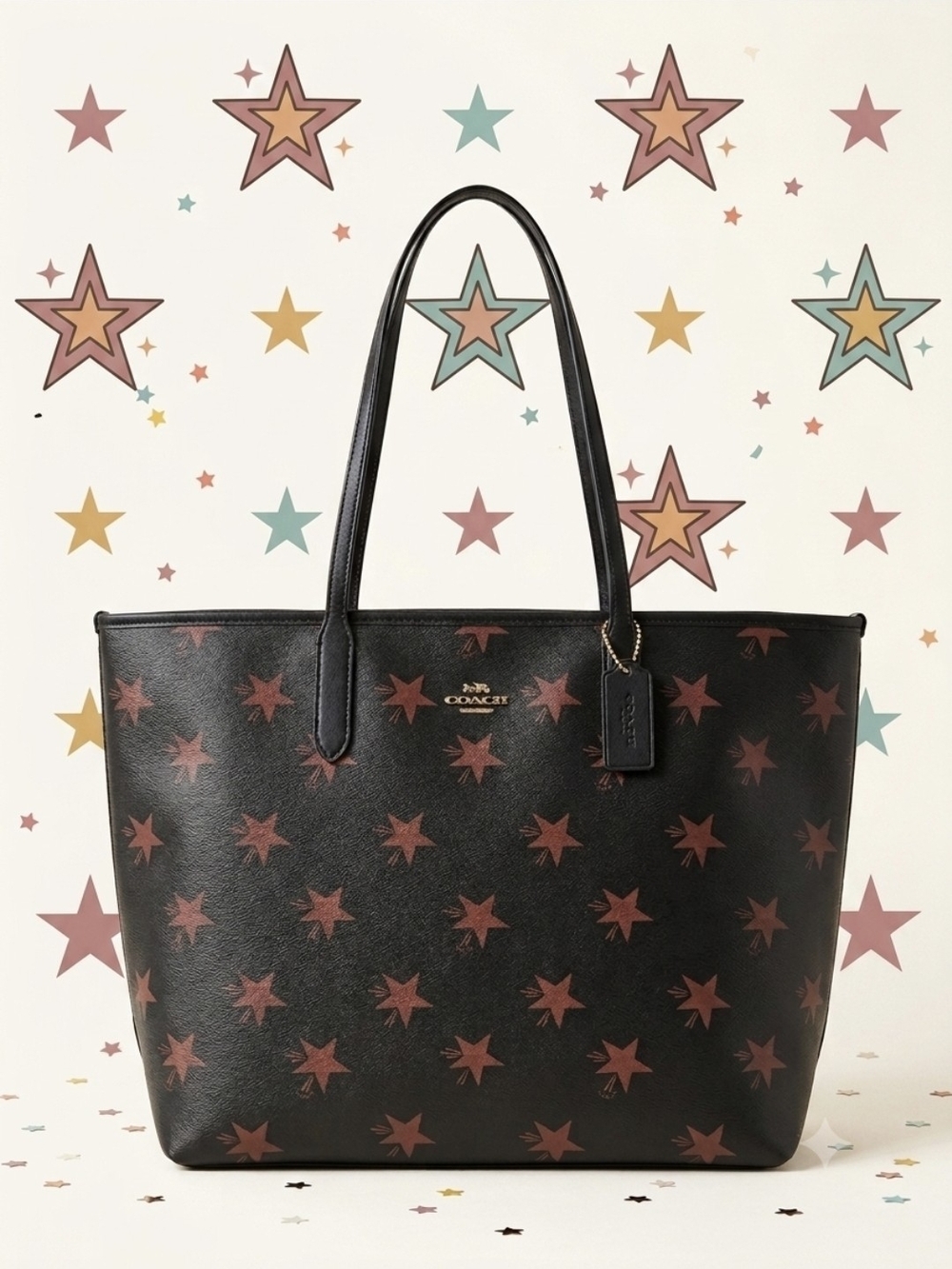 Coach Canyon Black Star Print Leather Tote Bag